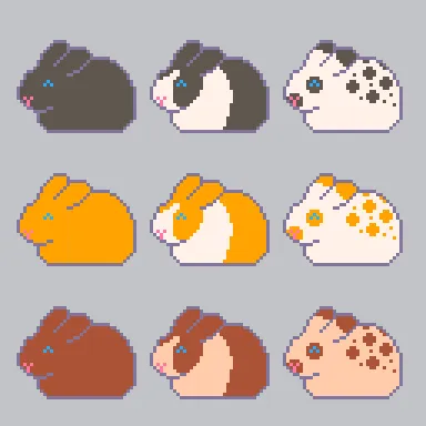 Nine pixel-art rabbits in a grid. Each rabbit has a different fur color or pattern